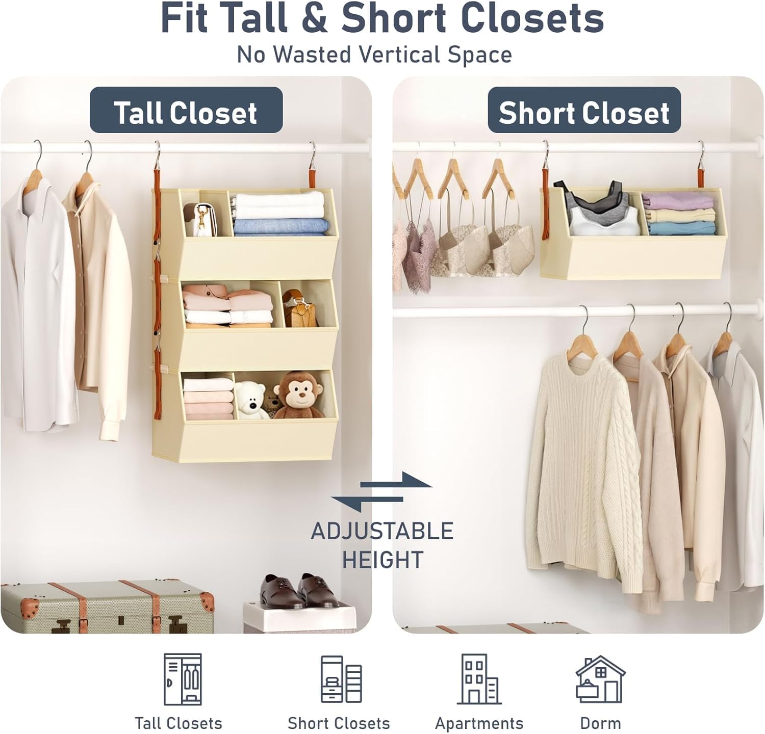 Hanging Closet Organizer Extra Large, Clothes Hanging Shelves for Closet with Divider, Collapsible Closet Storage System, Fabric Closet Hanging Organizer for Home, Dorm, Rv, ,Handbags, Underwear, Sock
