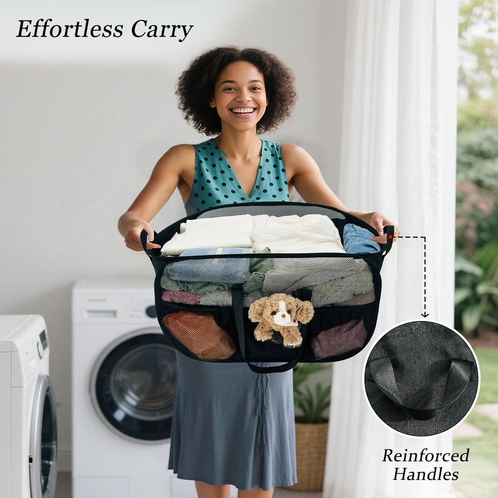100L Extra Large Mesh Pop Up Hamper with Handles and bag, Upgraded Cationic XL Collapsible Laundry Baskets, Portable Stair Basket, Dirty Clothes Hamper for Cruise Travel Bedroom. Black
