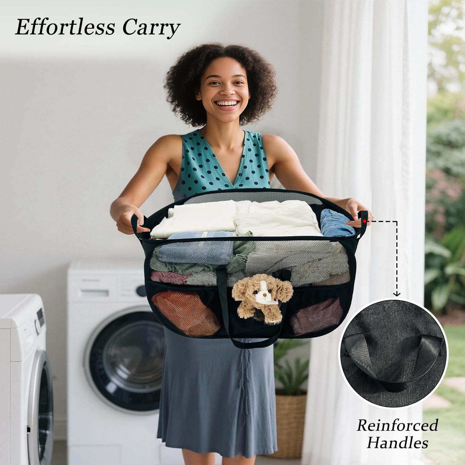 100L Extra Large Mesh Pop Up Hamper with Handles and bag, Upgraded Cationic XL Collapsible Laundry Baskets, Portable Stair Basket, Dirty Clothes Hamper for Cruise Travel Bedroom. Black