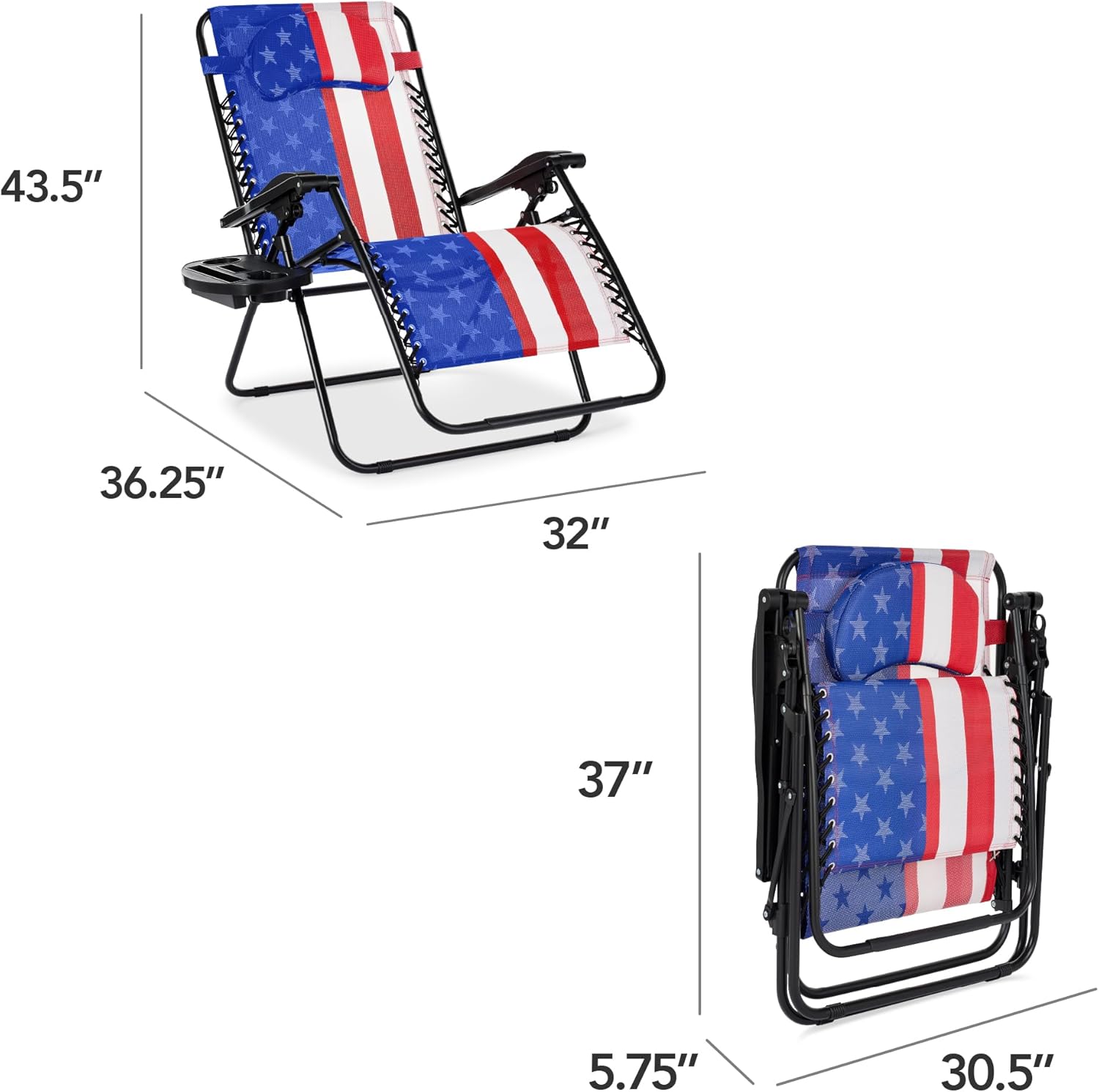 Best Choice Products Oversized Zero Gravity Chair, Folding Outdoor Patio Lounge Recliner w/Cup Holder Accessory Tray, Pillow - American Flag
