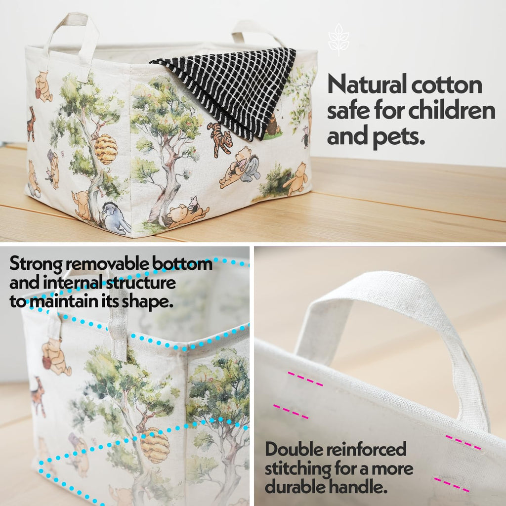 Sweet Baby Co. Classic Winnie Pooh Storage Nursery Basket With Hard Bottom Large Square Canvas Cotton Laundry Hamper Bin Waterproof Foldable Bathroom and Bedroom Stuff Clothes Toys Baby Vintage Decor