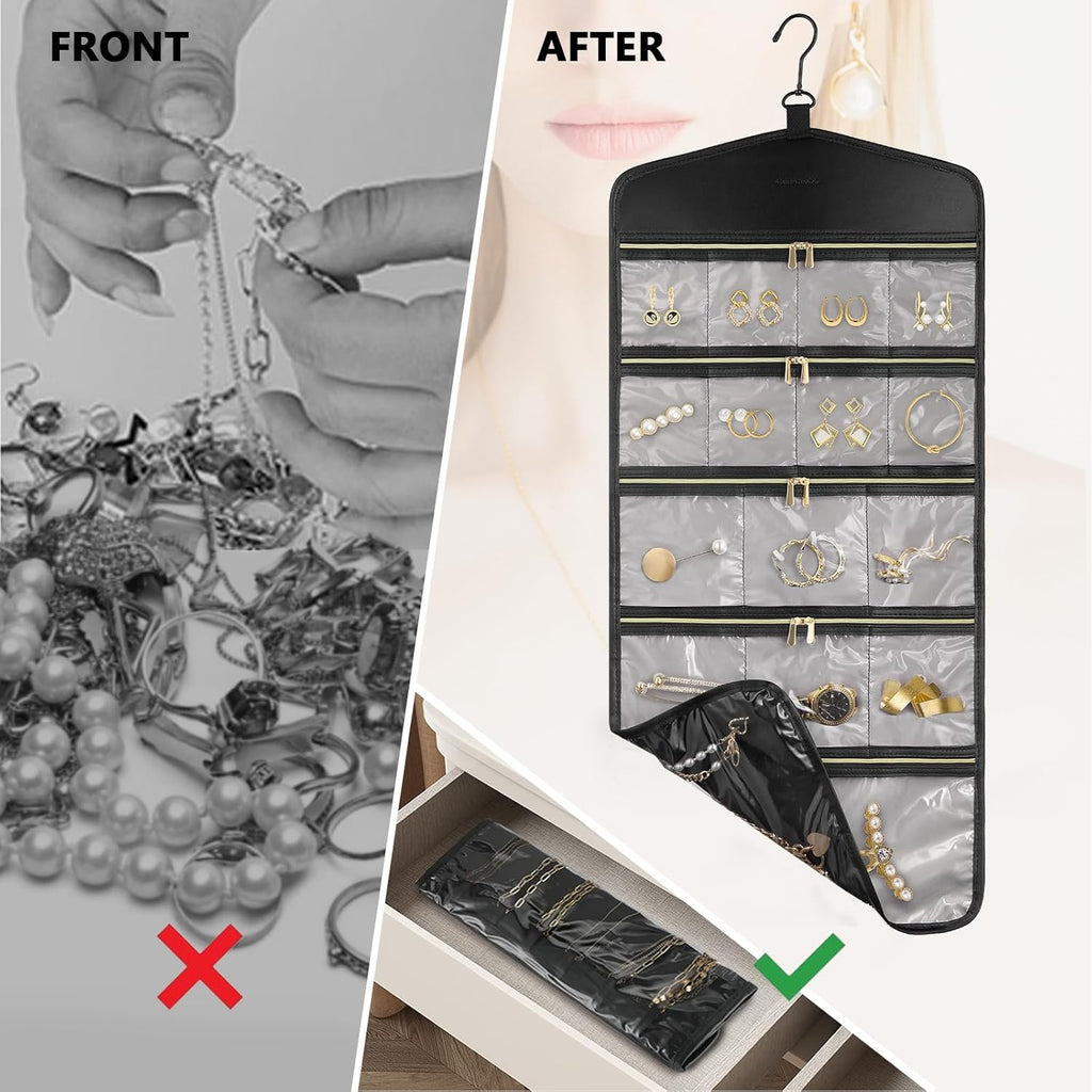 CHICECO Travel Jewelry Holder Organizer,Hanging Jewelry Organizer Storage with Zippered Pockets for Cloest,Jewelry Holder for Earrings, Necklaces (Grey Black)