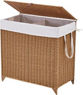 Laundry Hamper with Lid and Removable Liner Bag, Handwoven Rattan Clothes Hamper with Heightened Feet, Wicker Laundry Basket for Clothes and Towels，Large, 2-sections
