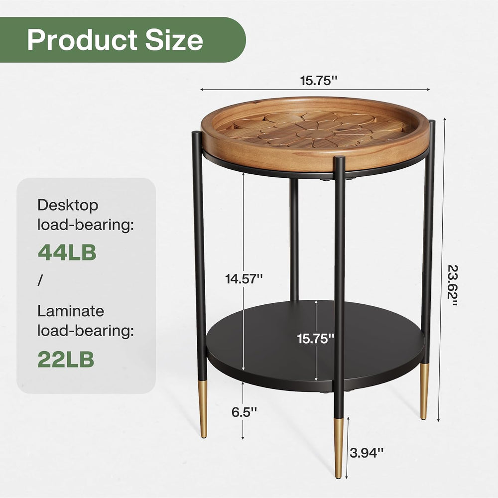 Tribesigns Round Side Table, 2-Tier End Table with Solid Wood and Metal, Indu...