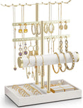 Vlando 3 Tier Jewelry Stand Organizer with Tary, Leather Jewelry Holder Display for Women, Gold Jewlery Holder Display for Necklace, Earring, Bracelet, Rings - White