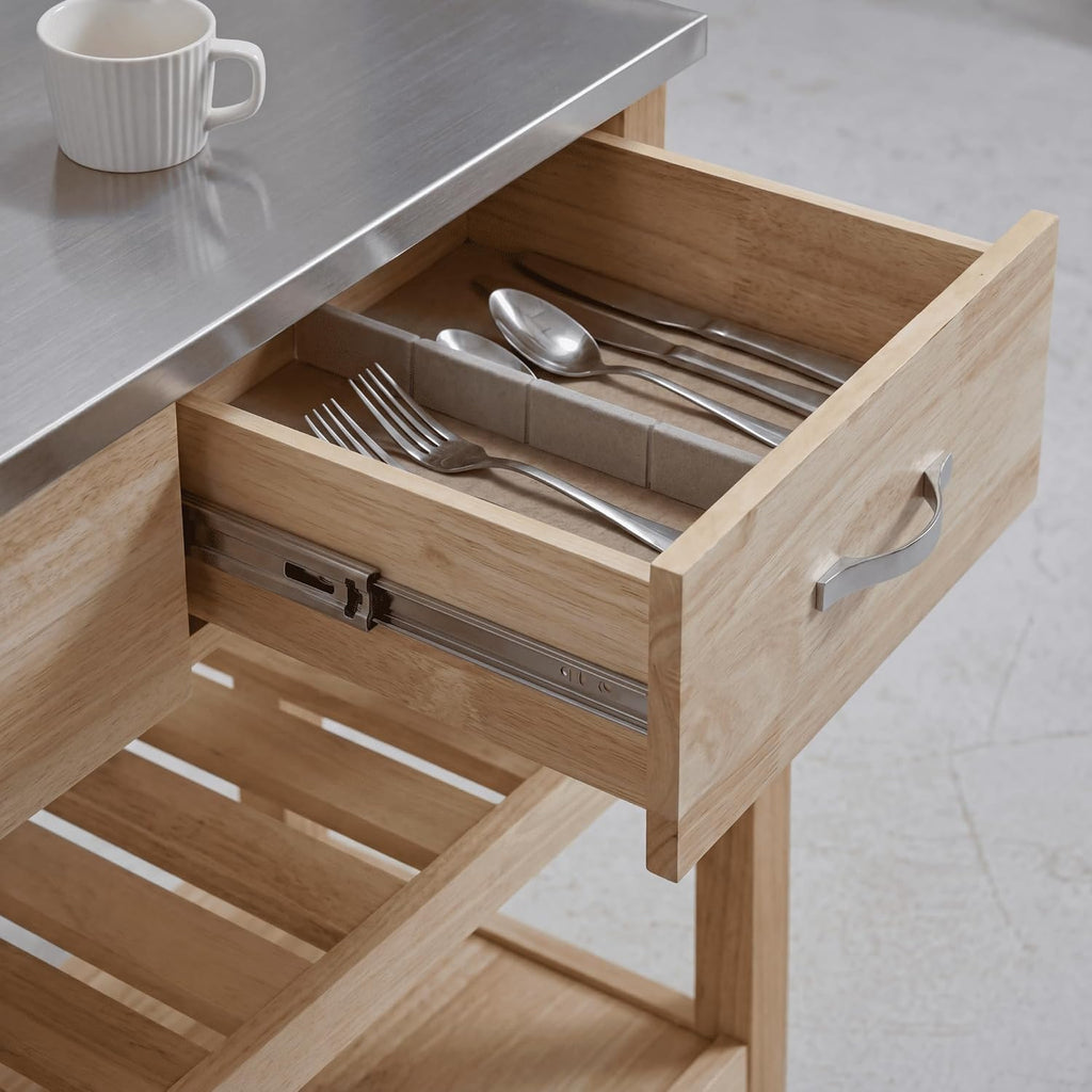 42" W Solid Wood Kitchen Island, Stainless Steel Top | 250 lbs capacity, lockable wheels, 2 utility drawers, wine rack, prep table for small spaces