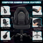 DUMOS Ergonomic Computer Gaming Chair - Home Office Desk with PU Leather Lumbar Support, Height Adjustable Big and Tall Video Game with Flip-up Armrest, Swivel Wheels for Adults, Black