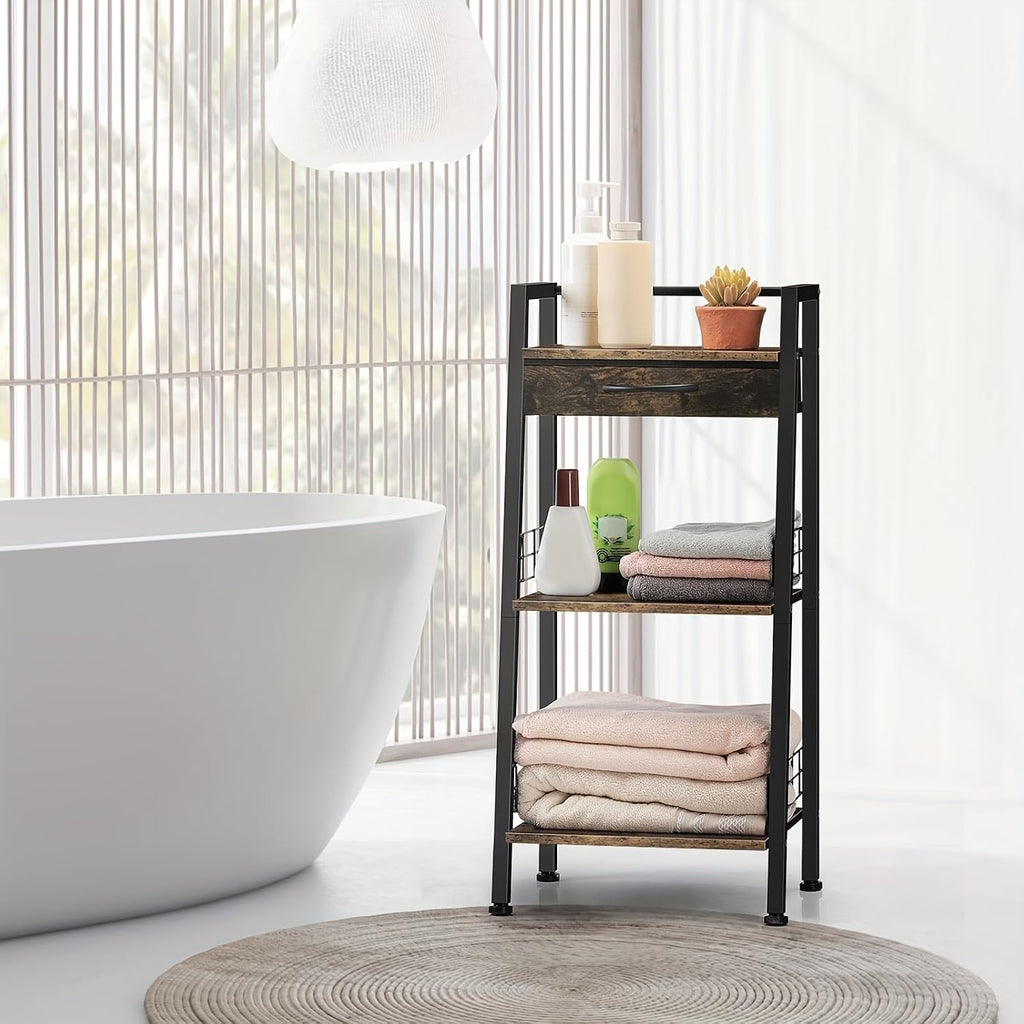 3-Tier Bathroom Ladder Shelf with Drawer, Bathroom Floor Storage Shelf, Freestanding Tower Shelf Ladder Bookshelf for Living Room, Bedroom