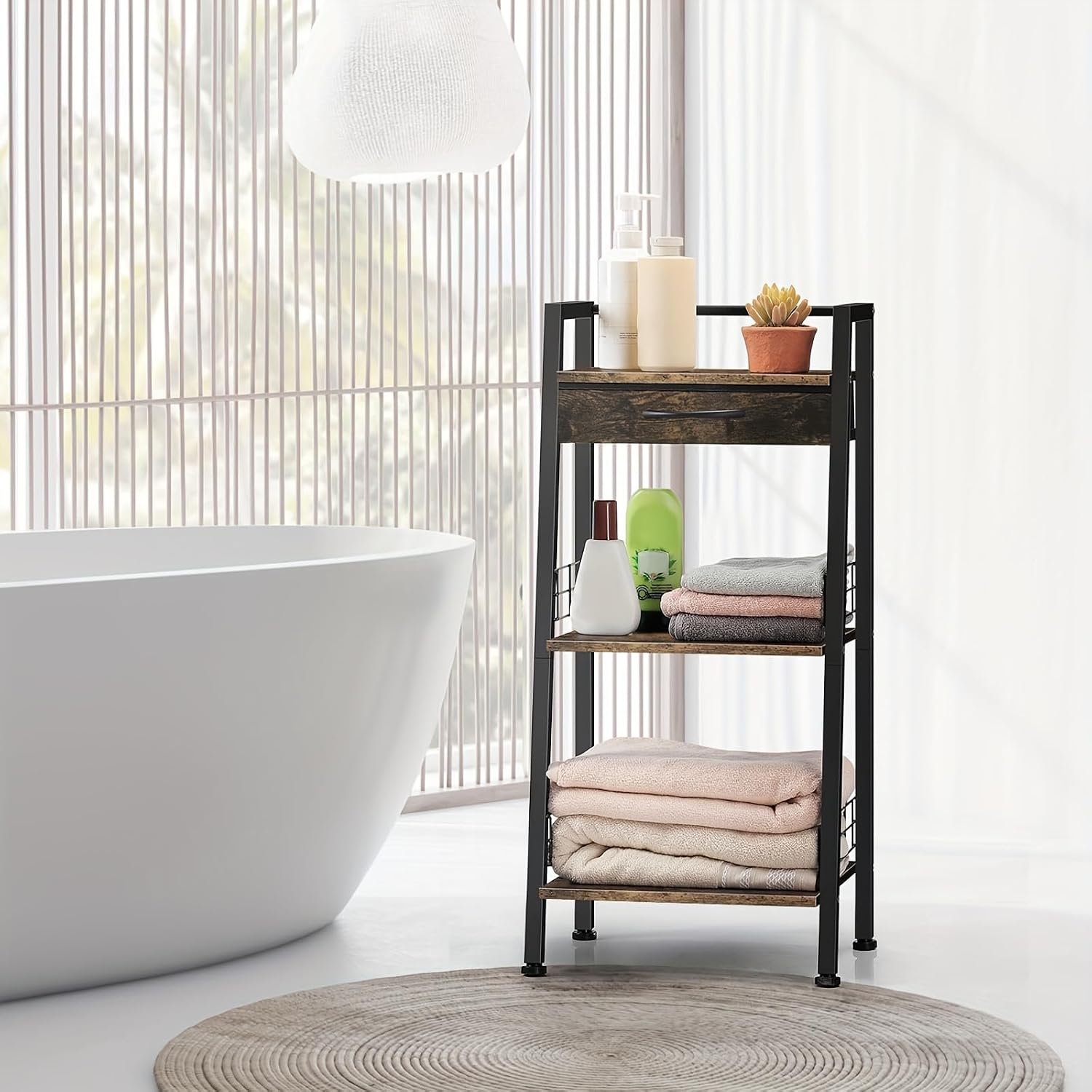 3-Tier Bathroom Ladder Shelf with Drawer, Bathroom Floor Storage Shelf, Freestanding Tower Shelf Ladder Bookshelf for Living Room, Bedroom