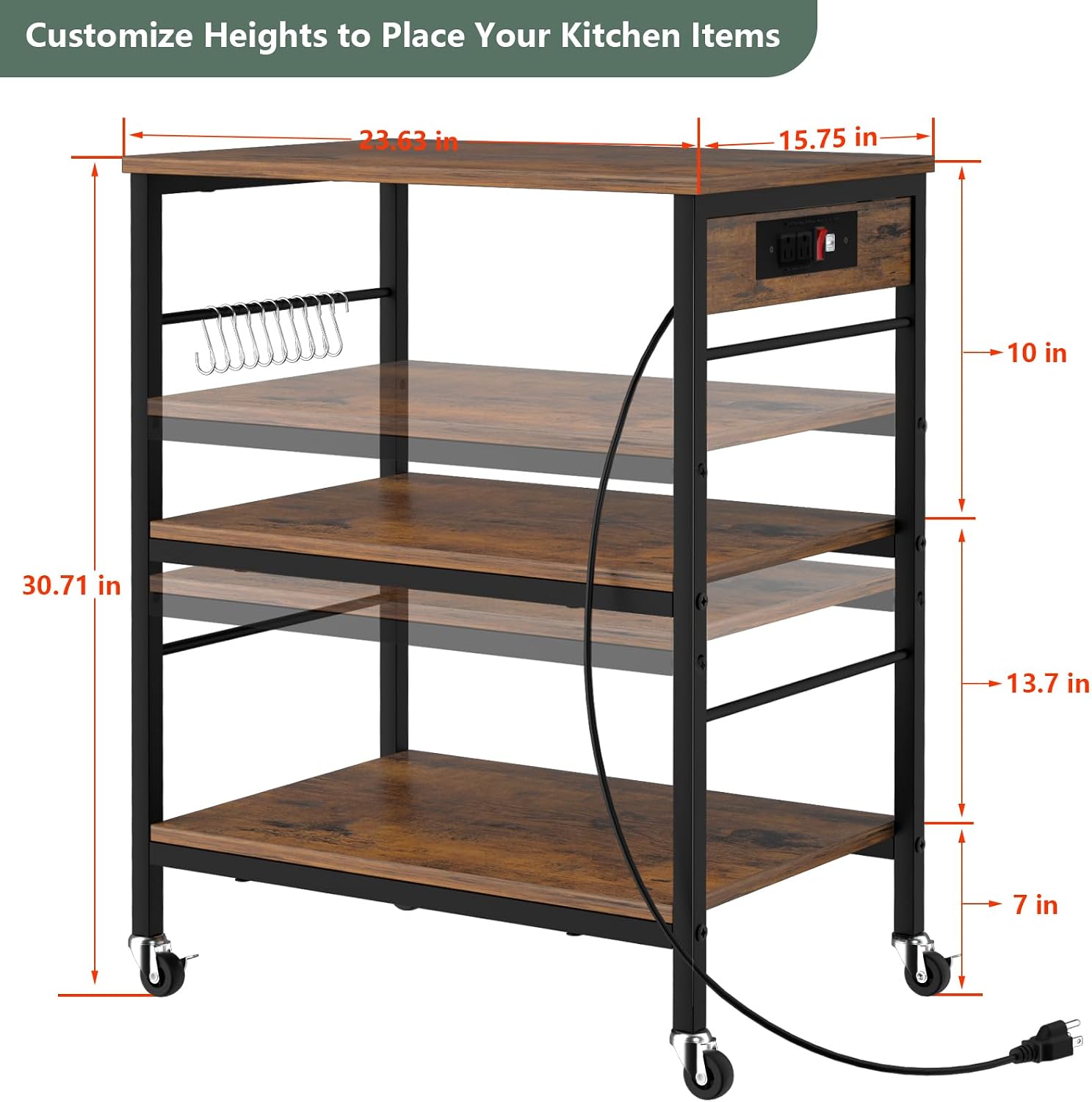Bakers Rack with Power Outlet Kitchen Microwave Stand Cart 3 Tier Coffee Bar Table Kitchen Storage Shelf Rack with 10 S-Shaped Hooks for Living Room Dining Room Office Brown