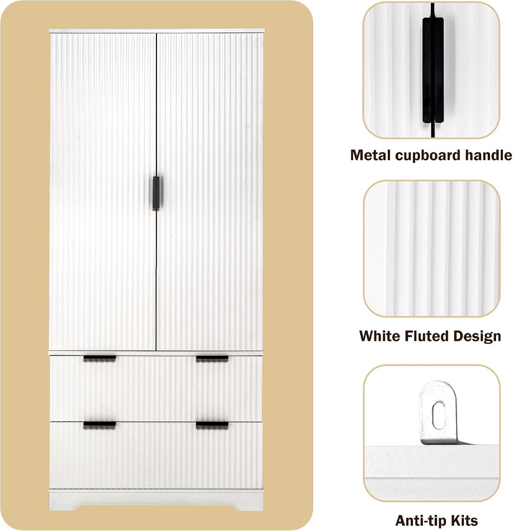 Fluted Kitchen Pantry Cabinet with Drawers,White Food Pantry Cabinet,Freestan...