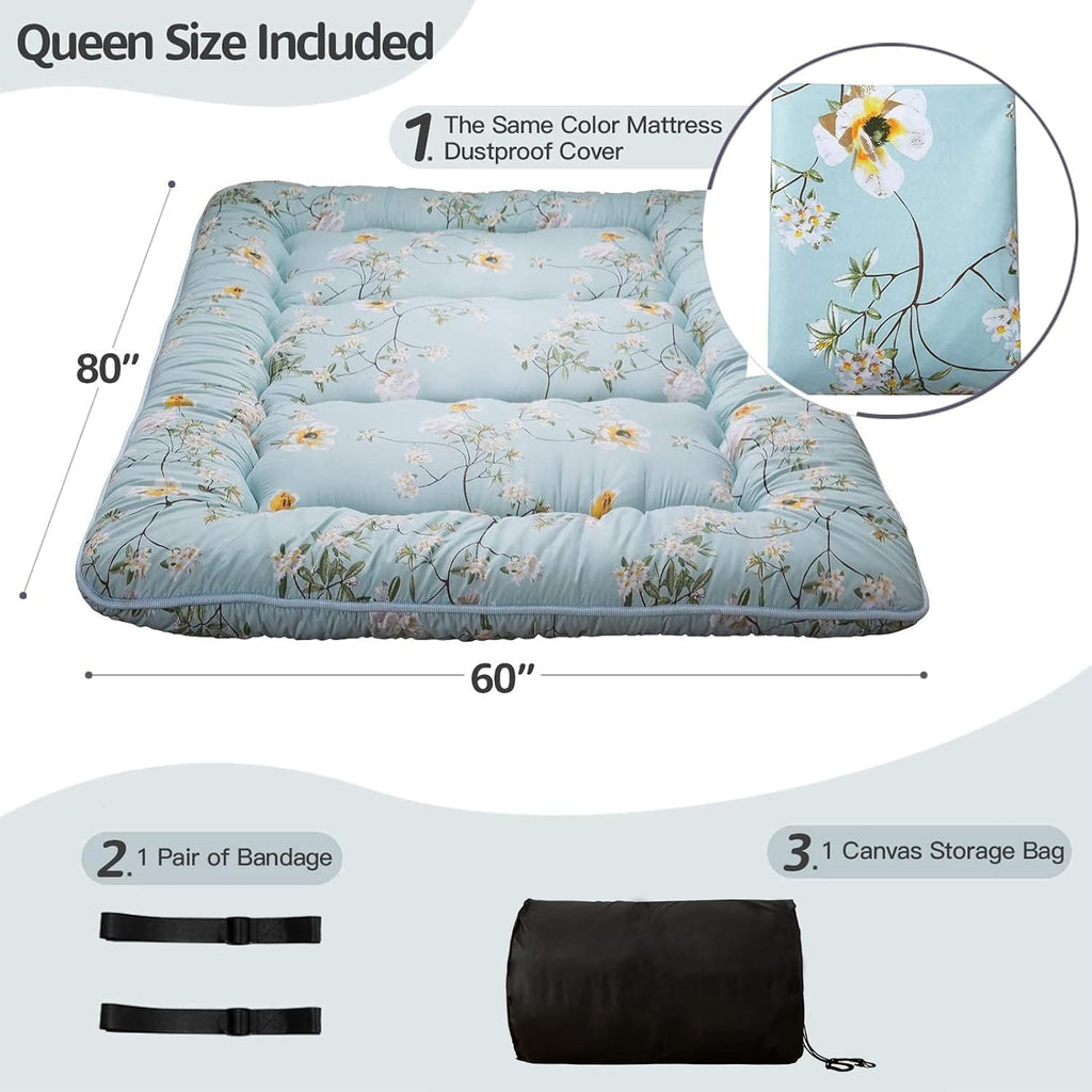 MAXYOYO Rustic Floral Korean Floor Mattress Japanese Futon, Foldable Roll Up Camping Lounger Couches and Sofas Mattress Topper Queen Size