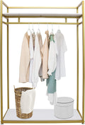 Heavy Duty Clothing Rack with Shelves, Gold Metal Freestanding Garment Rack for Retail Display, Rolling Portable Closet for Hanging Long Dresses Clothes Shoes Bags