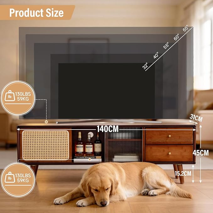 Tiita Rattan TV Stand for 55 65 Inch TV, Bamboo TV Cabinet with 2 Drawers, Boho Entertainment Center with Adjustable Shelf, Mid Century Modern Media Console for Bedroom, Living Room, Walnut
