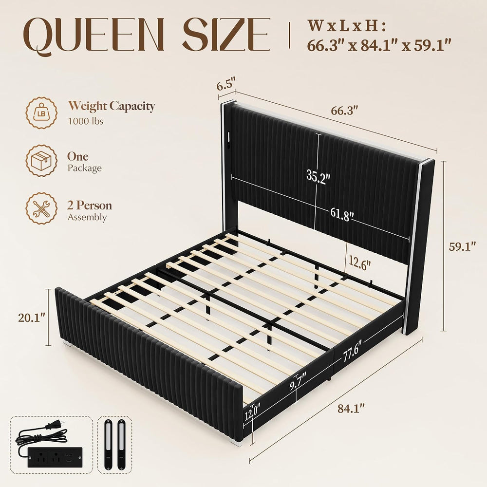 Belffin Queen Size Bed Frame with 59'' Tall Headboard, Velvet Bed, Black