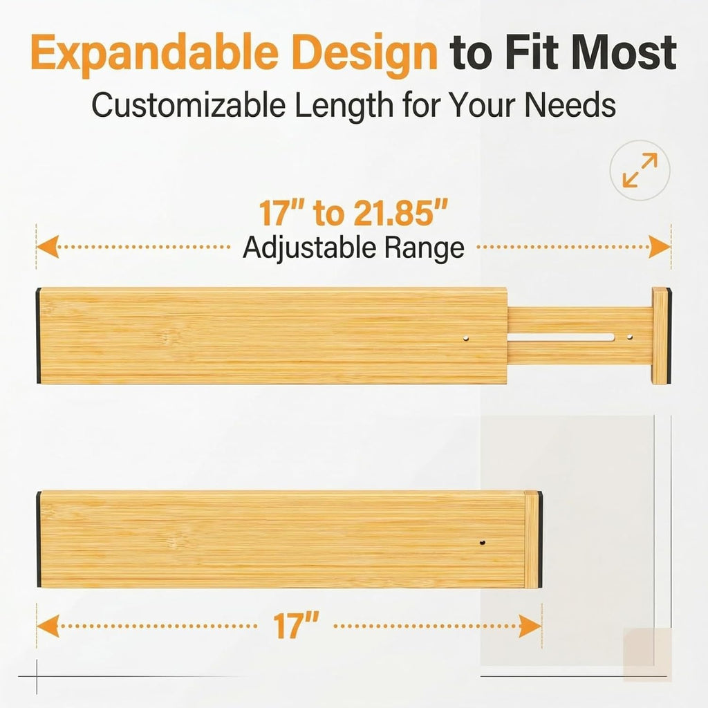 FUSHITON Bamboo Drawer Dividers 17"-22" Adjustable Expandable Drawer Organizers Spring Loaded Drawer Separators for Kitchen Dresser Bathroom Bedroom Office Storage, 4 Pack