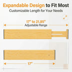 FUSHITON Bamboo Drawer Dividers 17"-22" Adjustable Expandable Drawer Organizers Spring Loaded Drawer Separators for Kitchen Dresser Bathroom Bedroom Office Storage, 4 Pack