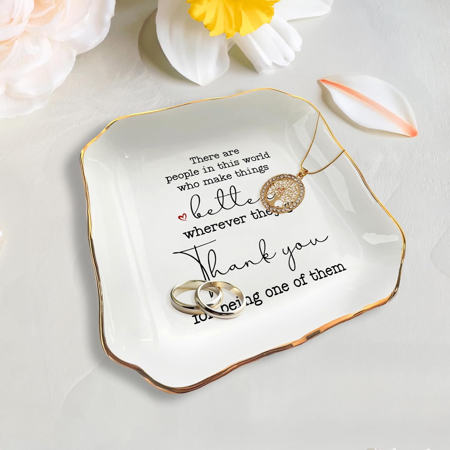 OASSIE Thank You Gifts for Women - 4"x4" Ceramic Jewelry Dish Tray | Gifts for Women, Appreciation Decor, Gold Trim Design, Ring Dish for Women, Polished Finish, Ready to Gift