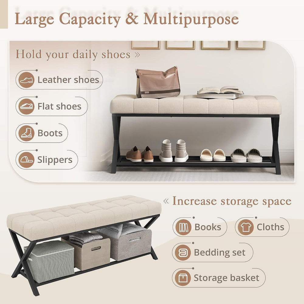 LUE BONA 44.5” End of Bed Bench with Shelf, Linen Tufted Upholstered Storage ...