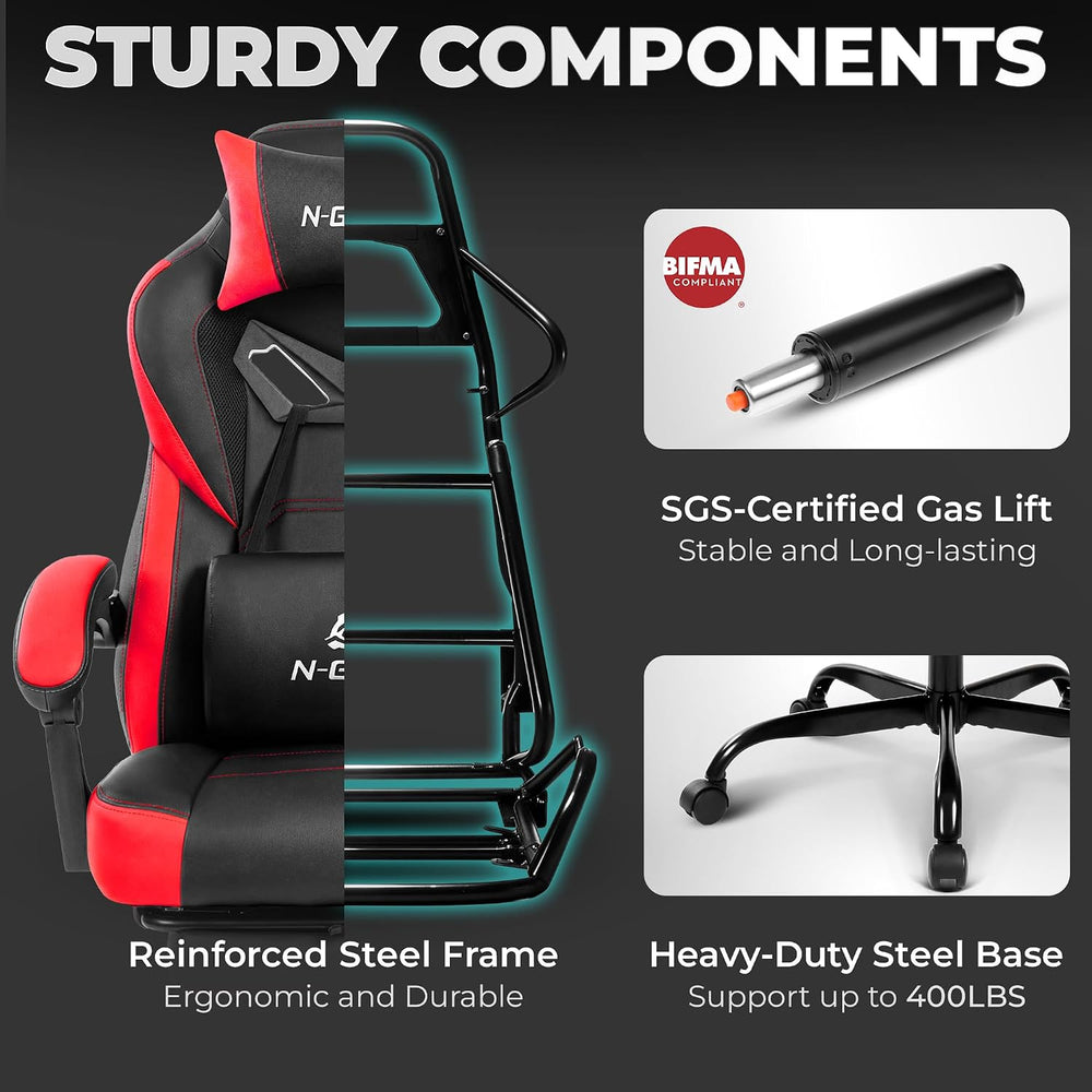 N-GEN GAMING Big & Tall Gaming Chair with Footrest, Lumbar Support, Red |...