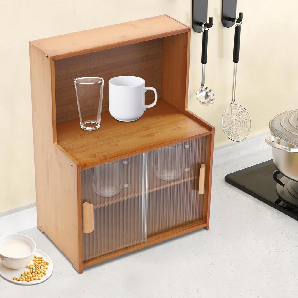Kitchen Storage Cabinet with Sliding Doors, Bamboo Kitchen Pantry Sideboard, ...