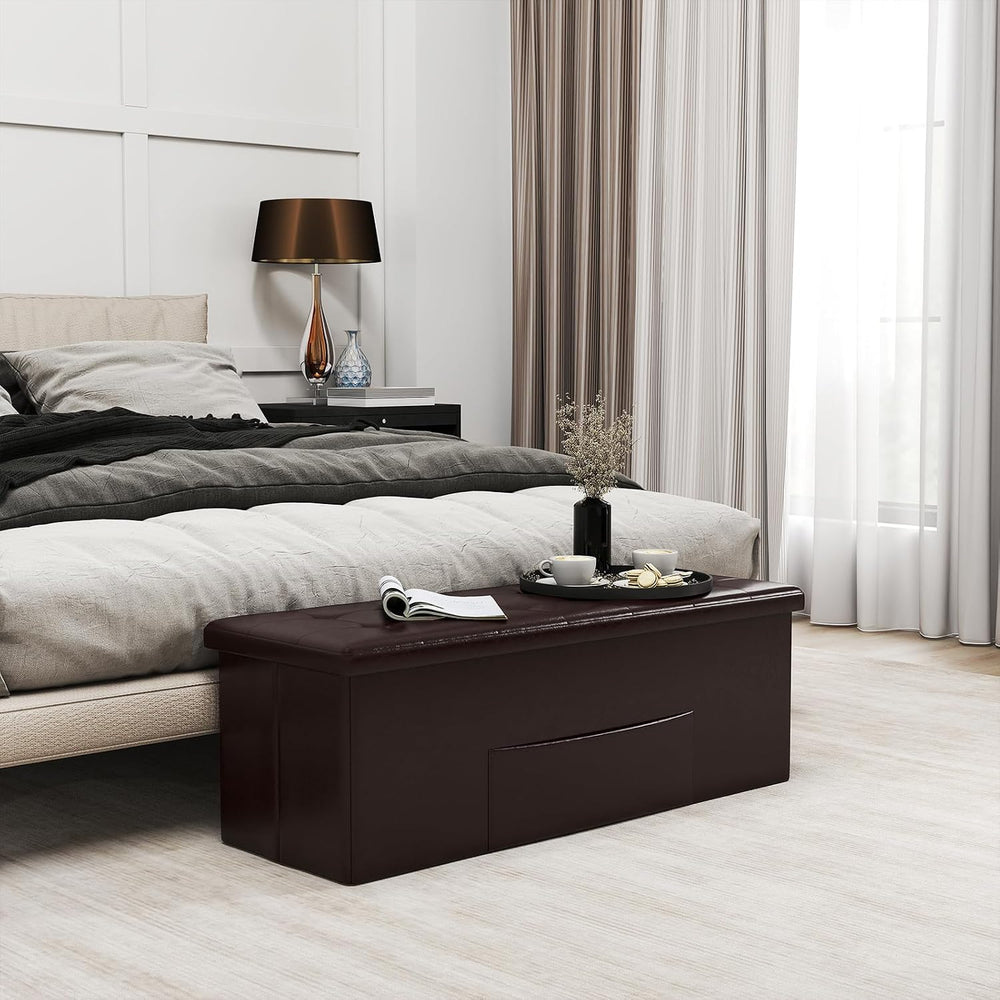 Giantex 43 Inches Folding Storage Ottoman Bench, Upholstered PU Leather Stora...