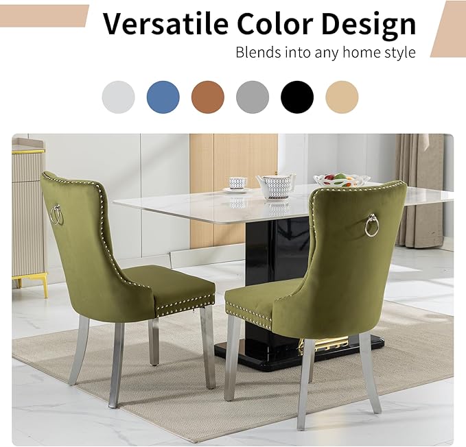 Luxury Upholstered Dining Chairs Set of 2, Olive Green Kitchen Chair with Silver Metal Legs, Velvet Tufted Back Dining Chair, Sillas de Comedor, Modern Kitchen & Dining Room Chairs (Olive, 2 Pcs)