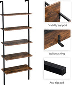5-Tier Wall Mounted Ladder Shelf, Industrial Bookshelf with Metal Frame, Rustic Brown Bookcase for Home Office Living Room, Storage Rack for Home Office,Industrial Display Rack Books