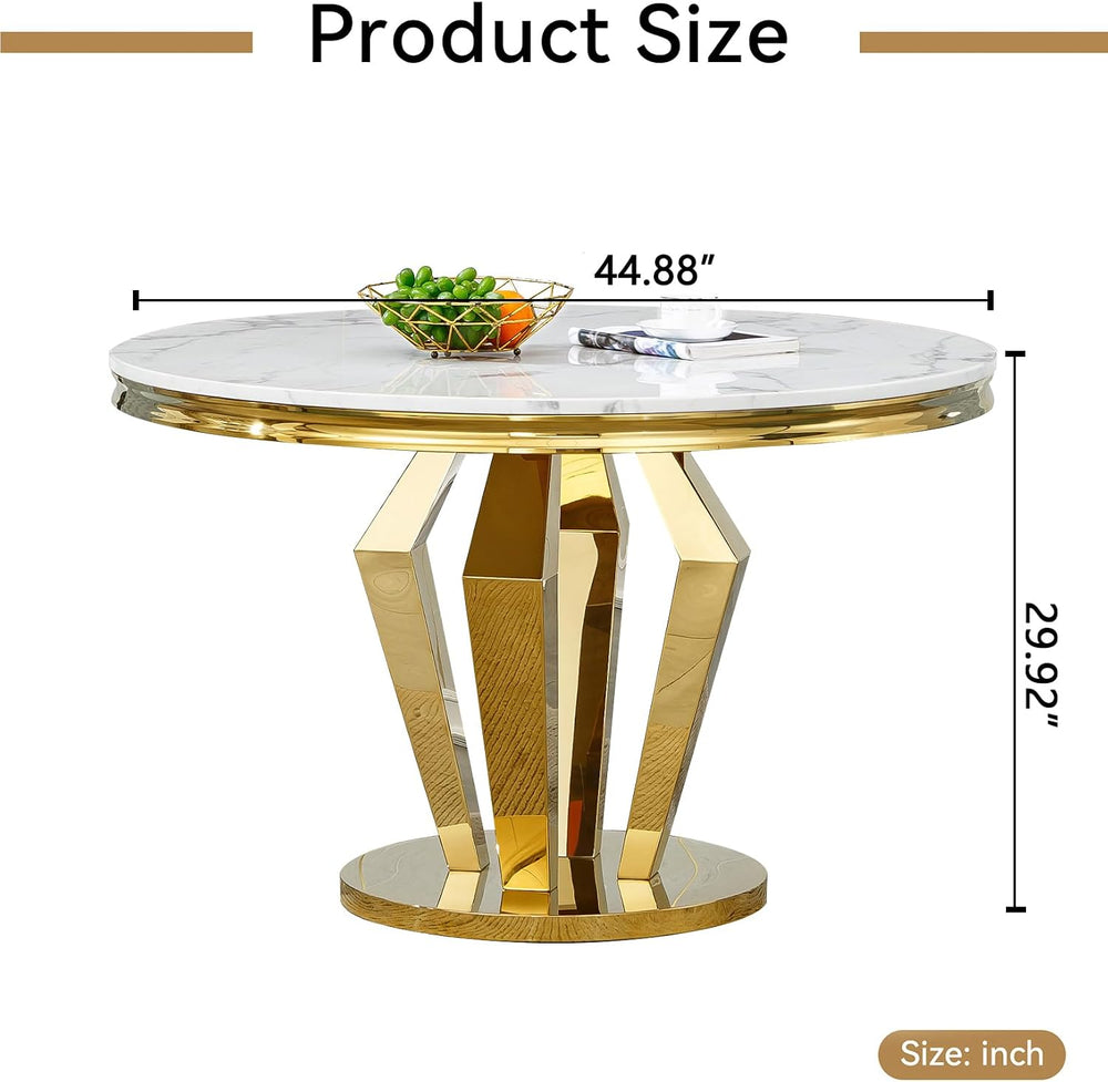Henf Luxury Round Dining Table for 4-6 White Gold 45" Faux Marble Kitche...