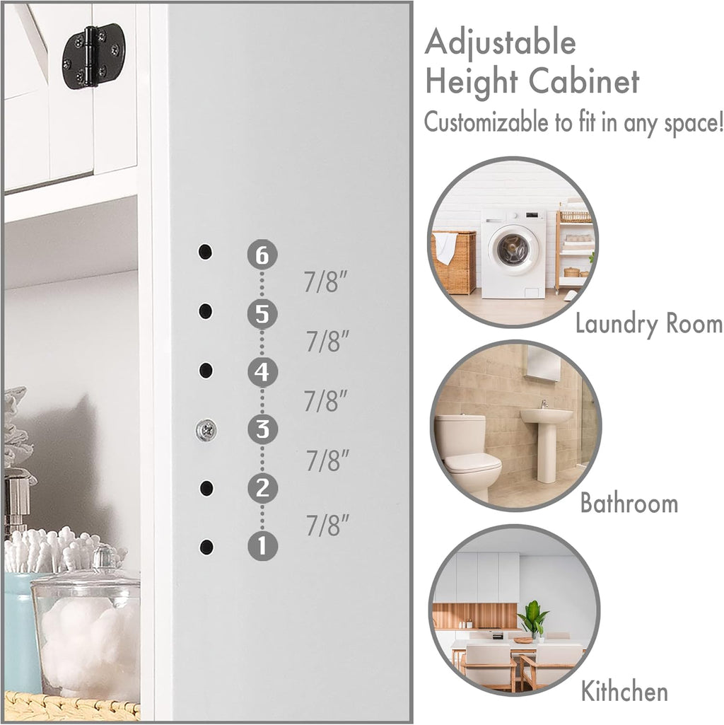 Over The Washer or Over The Toilet Storage Cabinet w/Height Adjustable Shelf Laundry Room/Bathroom Organizer Rack, 2-Door Freestanding Rack Space Saver, White