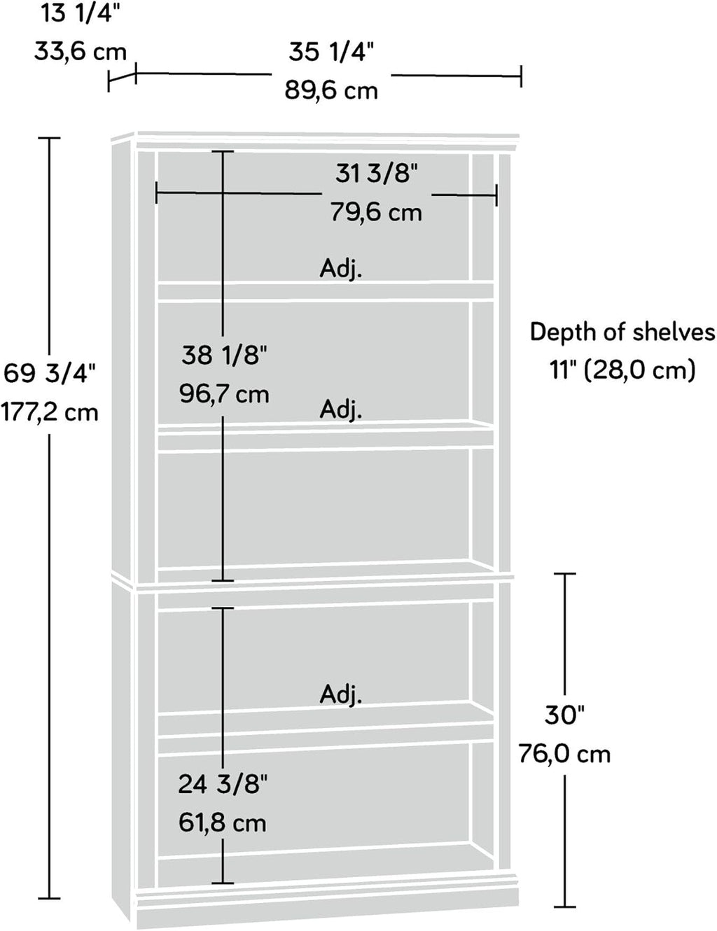 Sauder 5-Shelf Bookcase/ Book shelf, L: 35.28" x W: 13.23" x H: 69.76", Cinnamon Cherry finish
