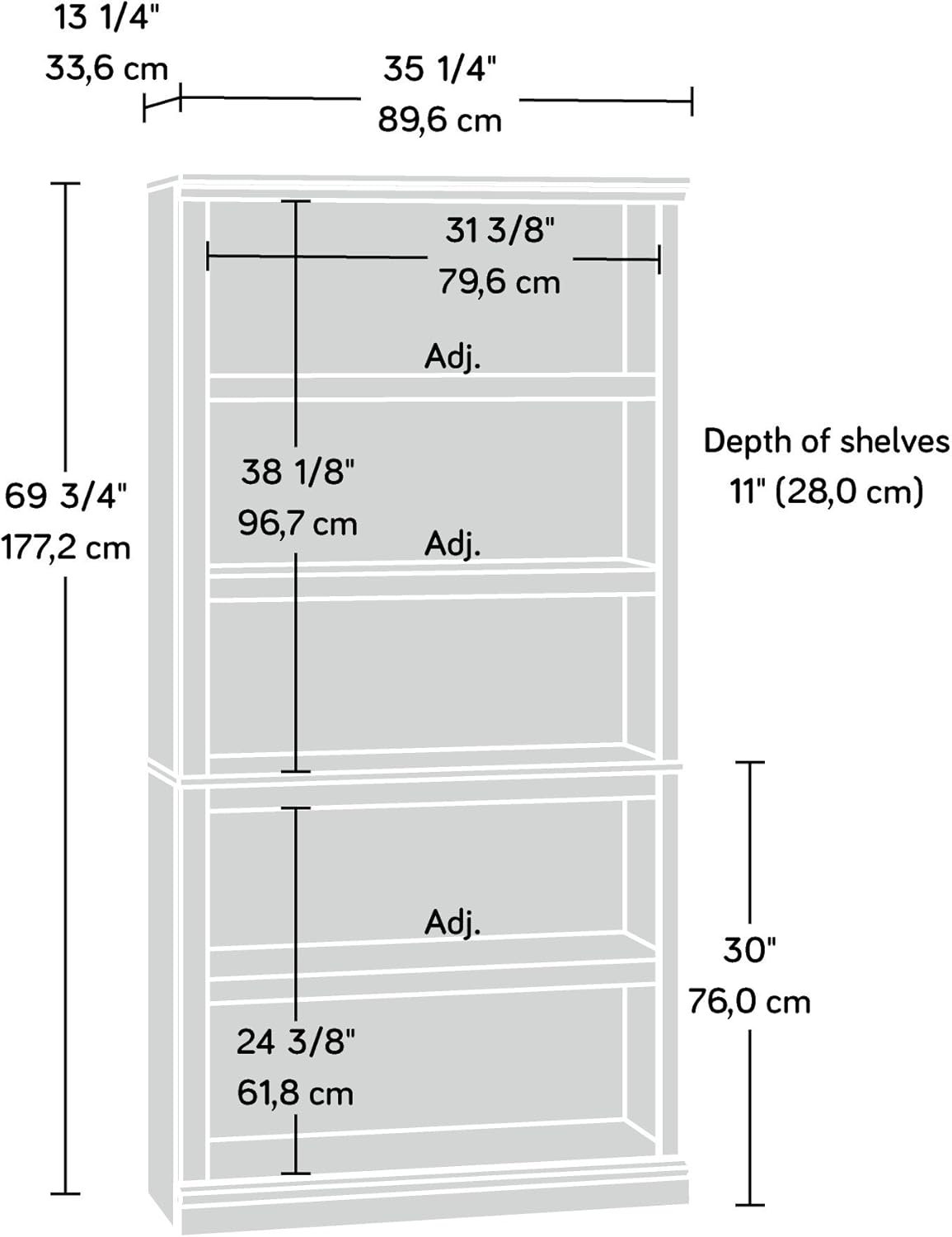 Sauder 5 Tier Book Shelf Wooden Bookcase Multipurpose Bookshelf for Home Office, Living Room, in Jamocha Wood