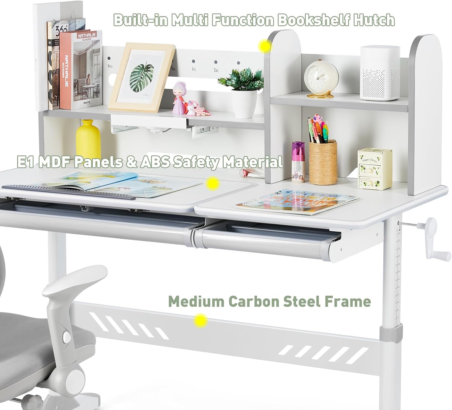 COSVALVE Adjustable Kids Desk with Hutch and Drawers, 47" Wide Multifunction Ergonomic Study Table, with Two Storage Drawer, Tilt Desktop, Height Adjust for Home or School Use, for Girls Boys (Grey)