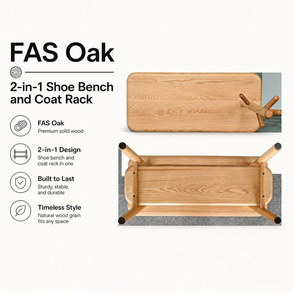 Solid Oak Coat Rack with Bench, 2-in-1 Shoe Bench and Coat Rack, Narrow Woode...
