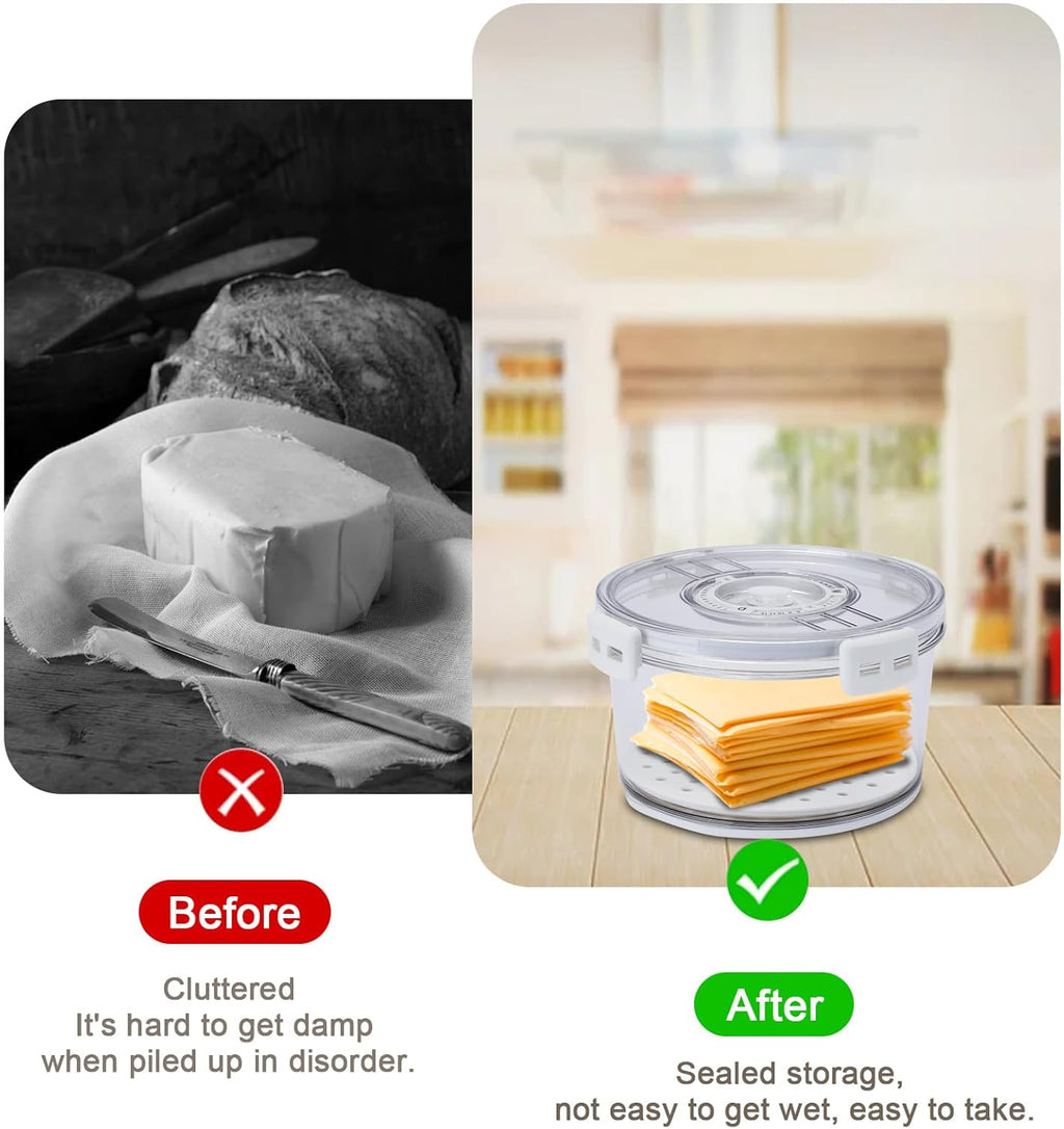 Cheese Container for Refrigerator,Cheese Keeper with Airtight Lid and Time Recording,Cream Block Shredded Cheeses Storage Box,Sliced,Grated,circle Cheddar Cheeses Box for Fridge,kitchen