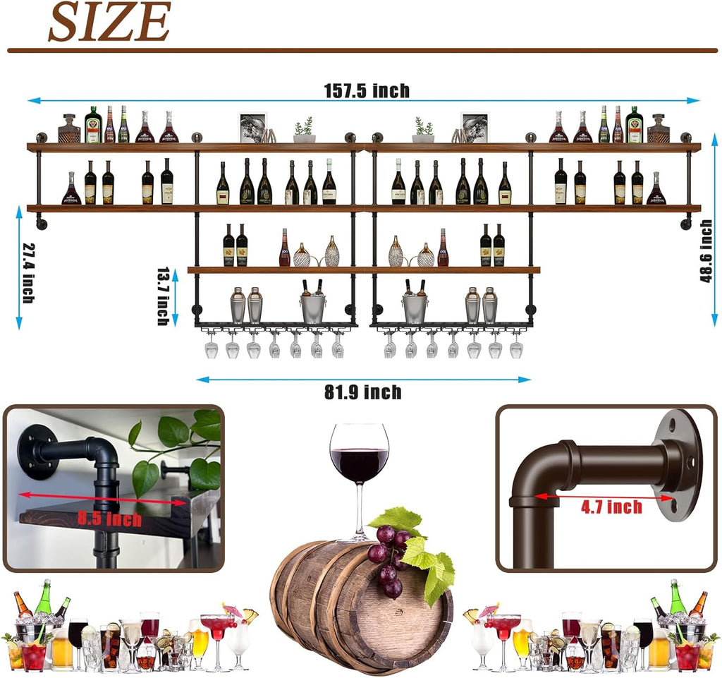 Solid Wood Wall Mounted Wine Rack, Large Wine Rack with LED Light, 4 Tiers Liquor Bottles Floating Shelves with Glass Holder, Industrial Bar Shelves for Home Bar Dining Room (157.5 IN/ 400CM)