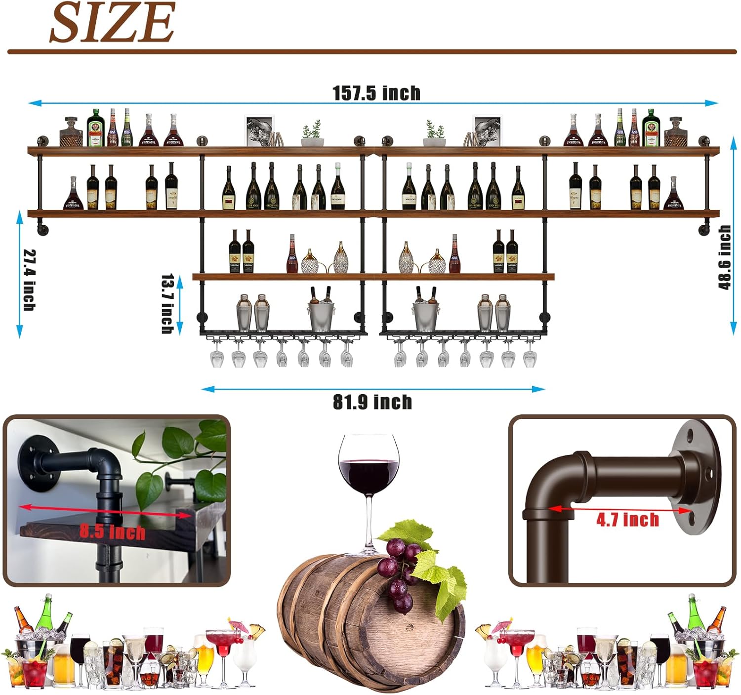 Solid Wood Wall Mounted Wine Rack, Large Wine Rack with LED Light, 4 Tiers Liquor Bottles Floating Shelves with Glass Holder, Industrial Bar Shelves for Home Bar Dining Room (157.5 IN/ 400CM)