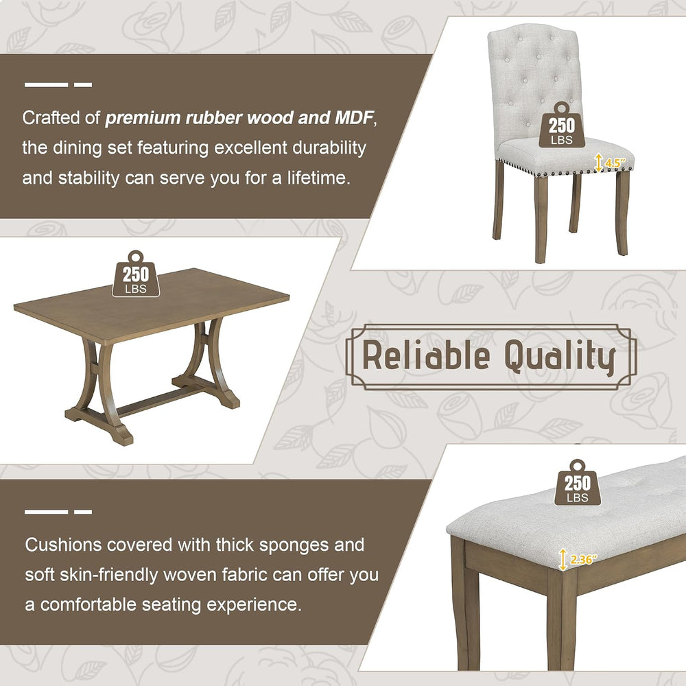 Mirightone Farmhouse Dining Table Set for 6, Dining Table with Bench and Chai...