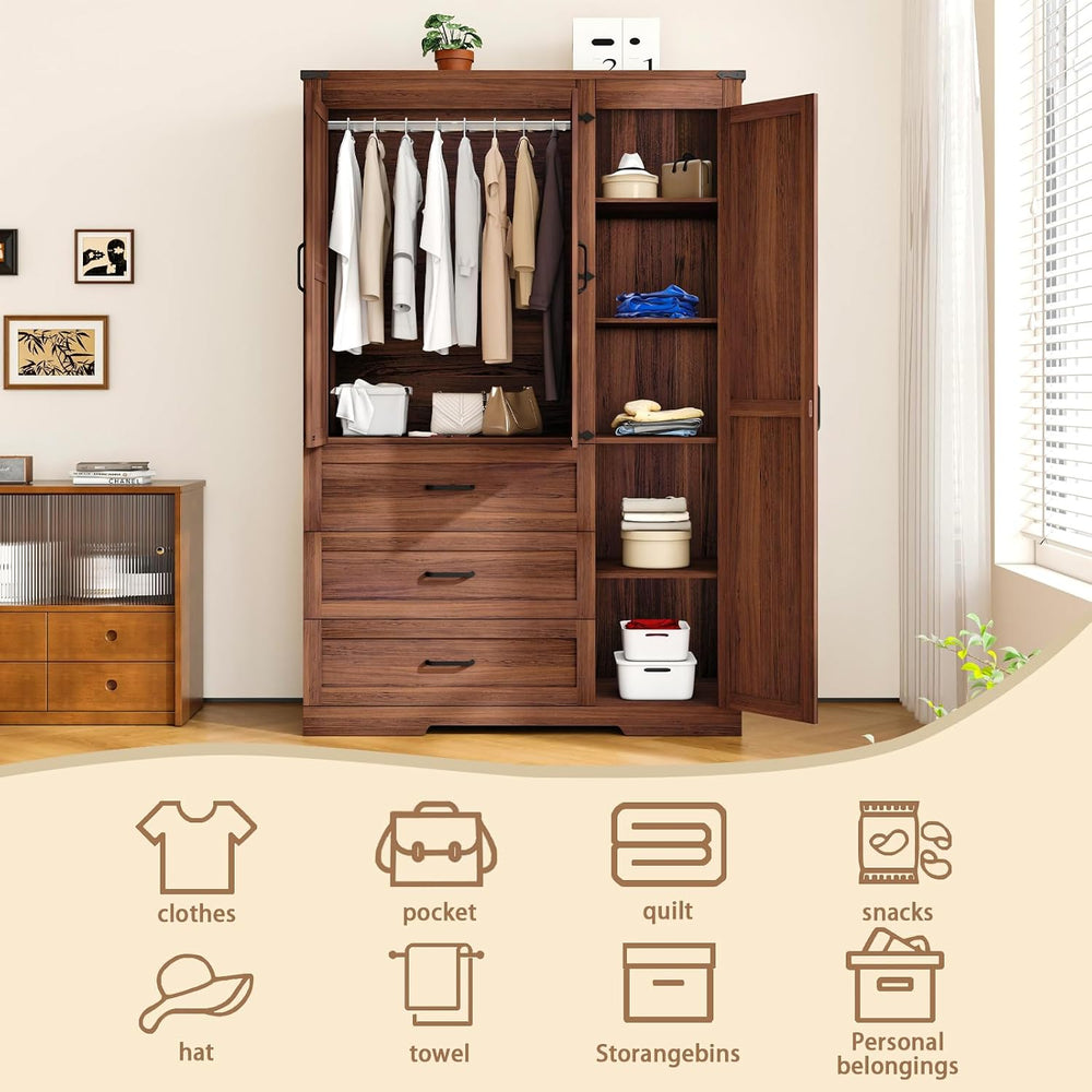70" Tall Wardrobe Closet with 3 Doors & 3 Drawers, Farmhouse Armoire...