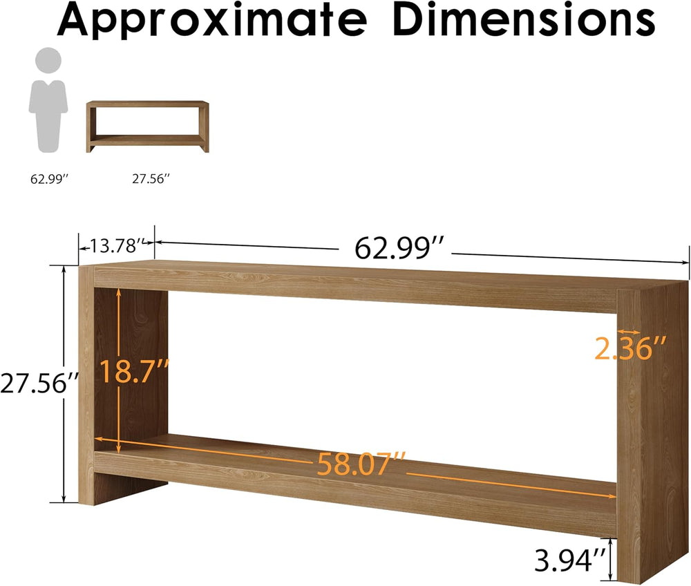 LUMISOL 63-Inch Farmhouse Console Table with Shelf, Light Brown | 2-Tier Rust...