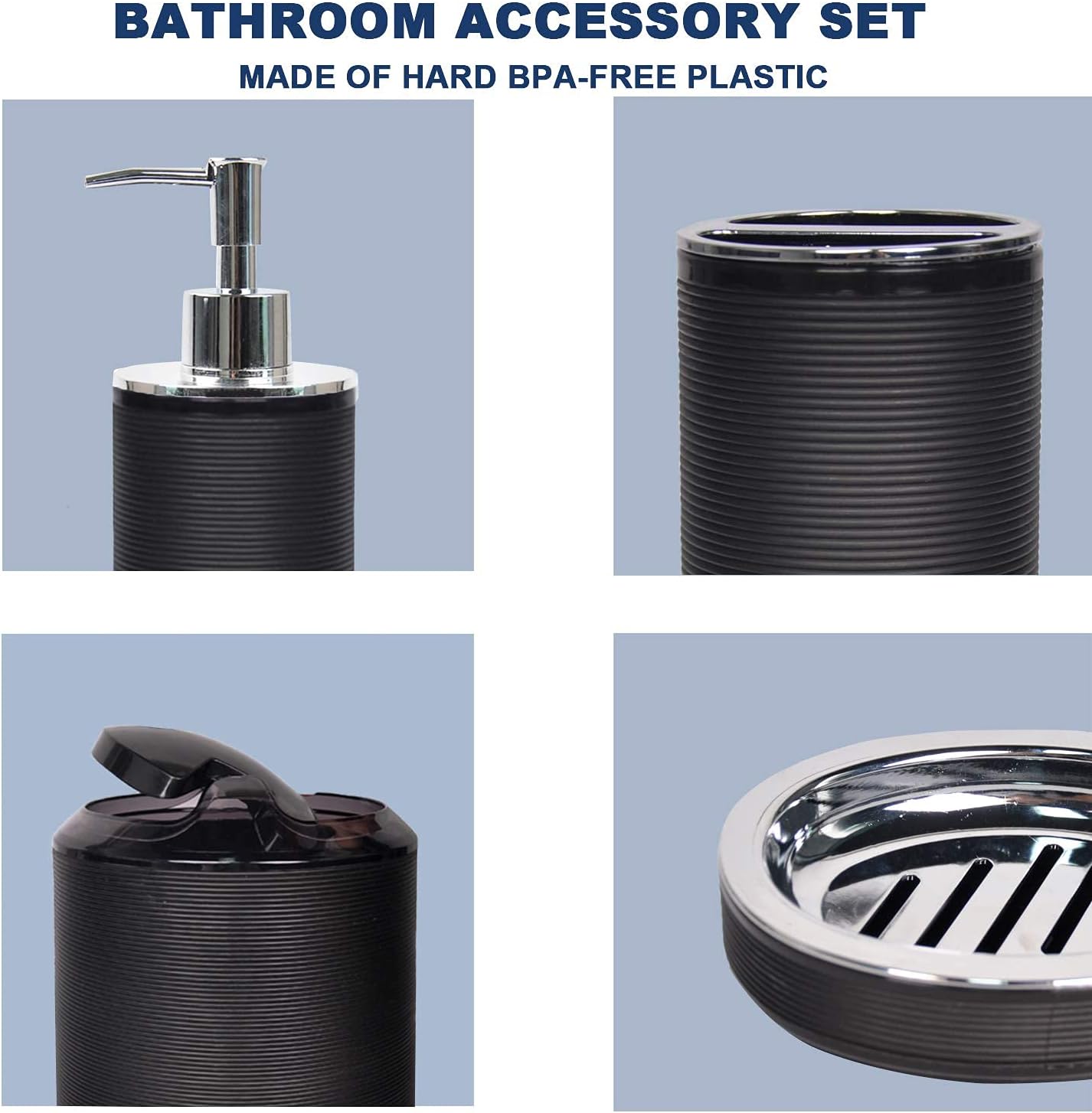 CERBIOR Bathroom Accessories Set 6 Piece Bath Ensemble Includes Soap Dispenser, Toothbrush Holder, Toothbrush Cup, Soap Dish for Decorative Countertop and Housewarming Gift, Black