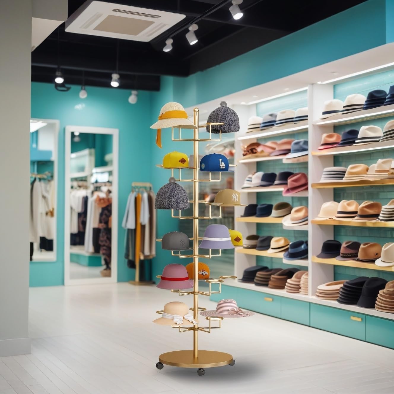 Hat Rack Stand 30-Hooks, Hat Display Stand Metal,Hat Display for Stores， Home or Store of Standing hat Rack(Gold,6th Floor)