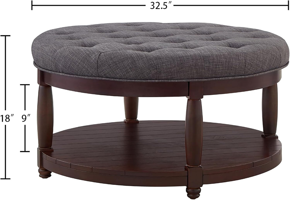 RENSGO 32.5" Large Round Upholstered Tufted Linen Ottoman Coffee Table, ...