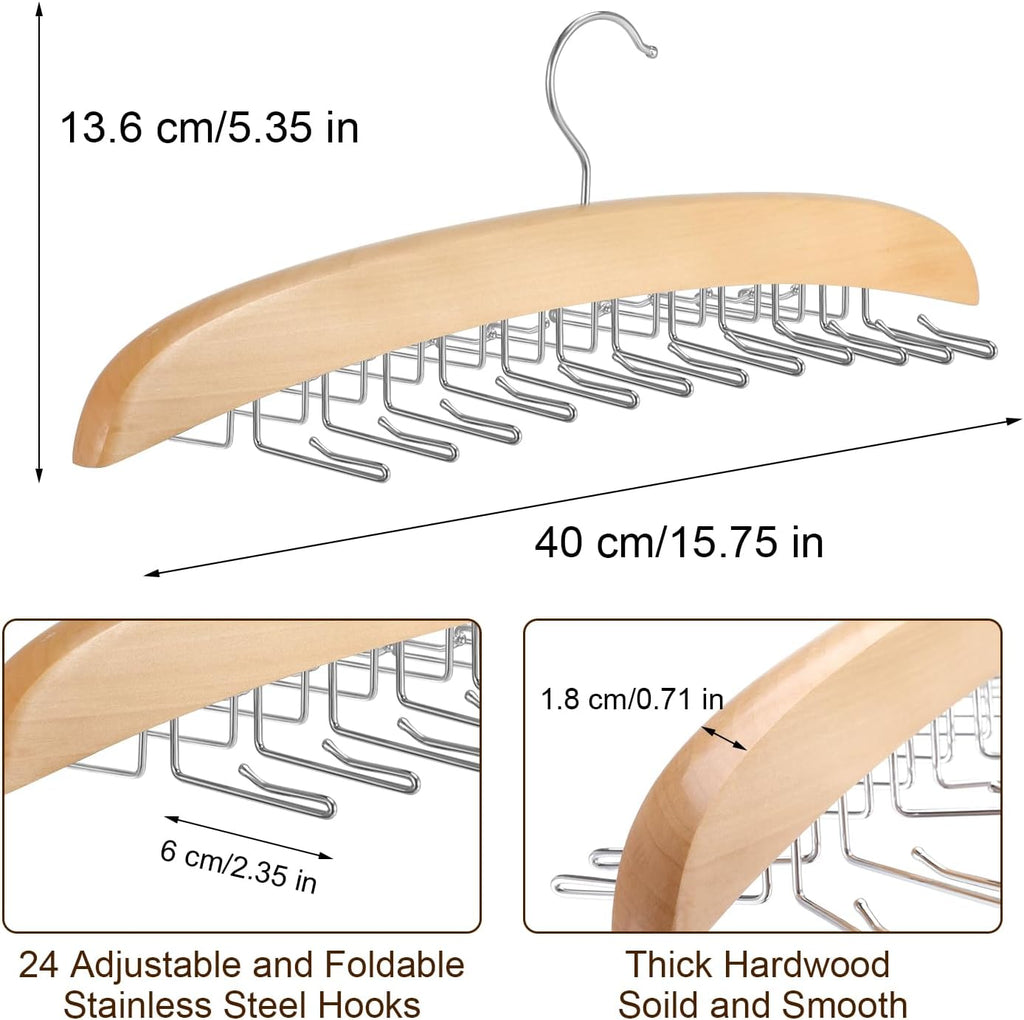 Tie Rack Hanger for Closet,360 Degree Rotating Tie Holder Organizer with 24 Folding Hooks,Wooden Men's Neck Tie Organizer Storage for Belts Tank Tops Scarves