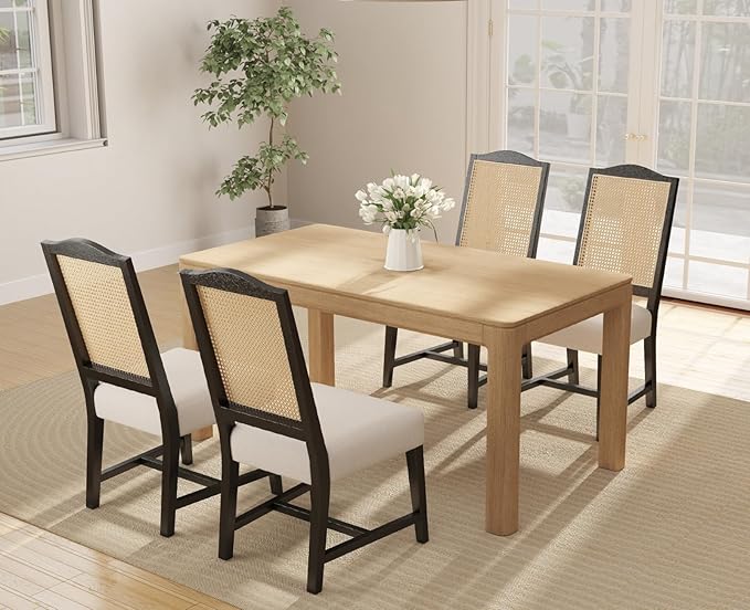 EALSON Mid Century Modern Dining Chairs Set of 4 Linen Upholstered Dining Room Chairs with Cane Back Black Wood Frame Side Chairs for Dining Room, Beige