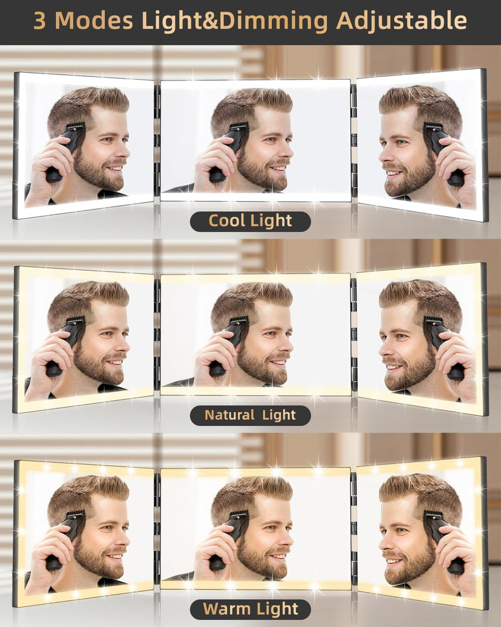 XIGETRAIL Rechargeable 3 Way Mirror for Hair Cutting with 8 Light Strips