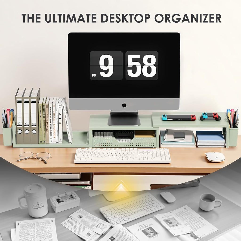OPNICE Desk Organizers and Accessories, Dual Monitor Stand Riser with Drawer and 2 Pen Holders, Desk Shelf Metal Computer Monitor Stand for Office Workspace Organizers, Desktop Organization (Green)