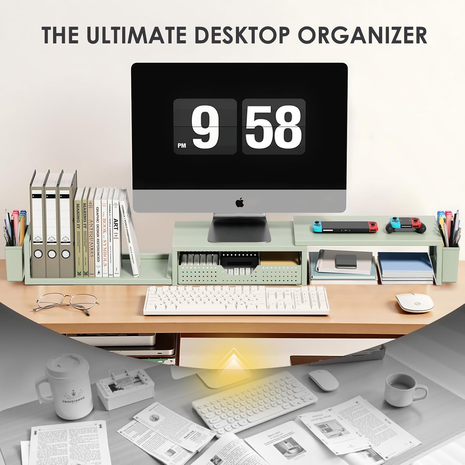 OPNICE Desk Organizers and Accessories, Dual Monitor Stand Riser with Drawer and 2 Pen Holders, Desk Shelf Metal Computer Monitor Stand for Office Workspace Organizers, Desktop Organization (Green)