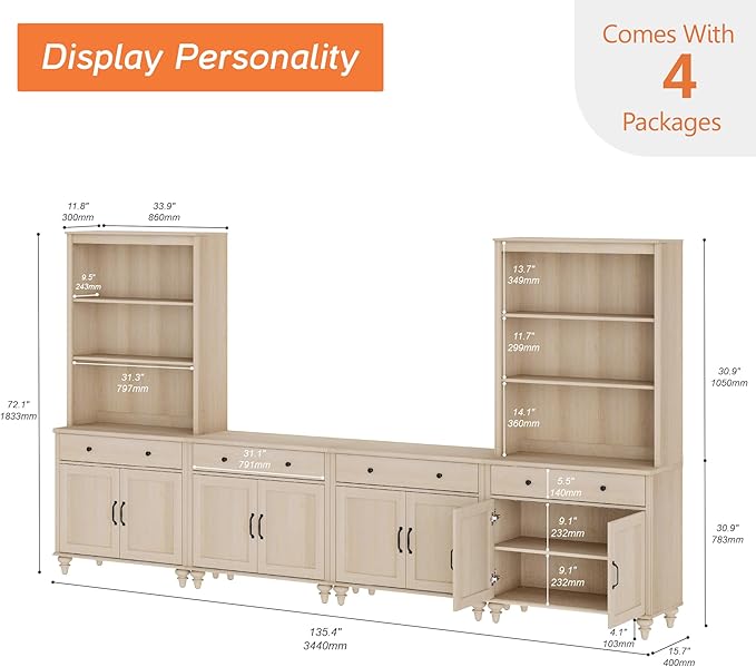 WAMPAT Entertainment Center with Bookshelves for TVs up to 75", Farmhouse Wall Unit TV Stand with 8 Doors & 4 Drawer, Media Console Table for Living Room, Bedroom & Home Theater, Beige