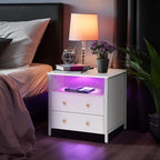 27 Inch Wide Night Stand, Large Wood Night Stand with 2 Drawers, LED Nightstand with Charging Station and Adjustable Drawer, Bedside Table for Living Room/Bedroom/Study/Office, White.